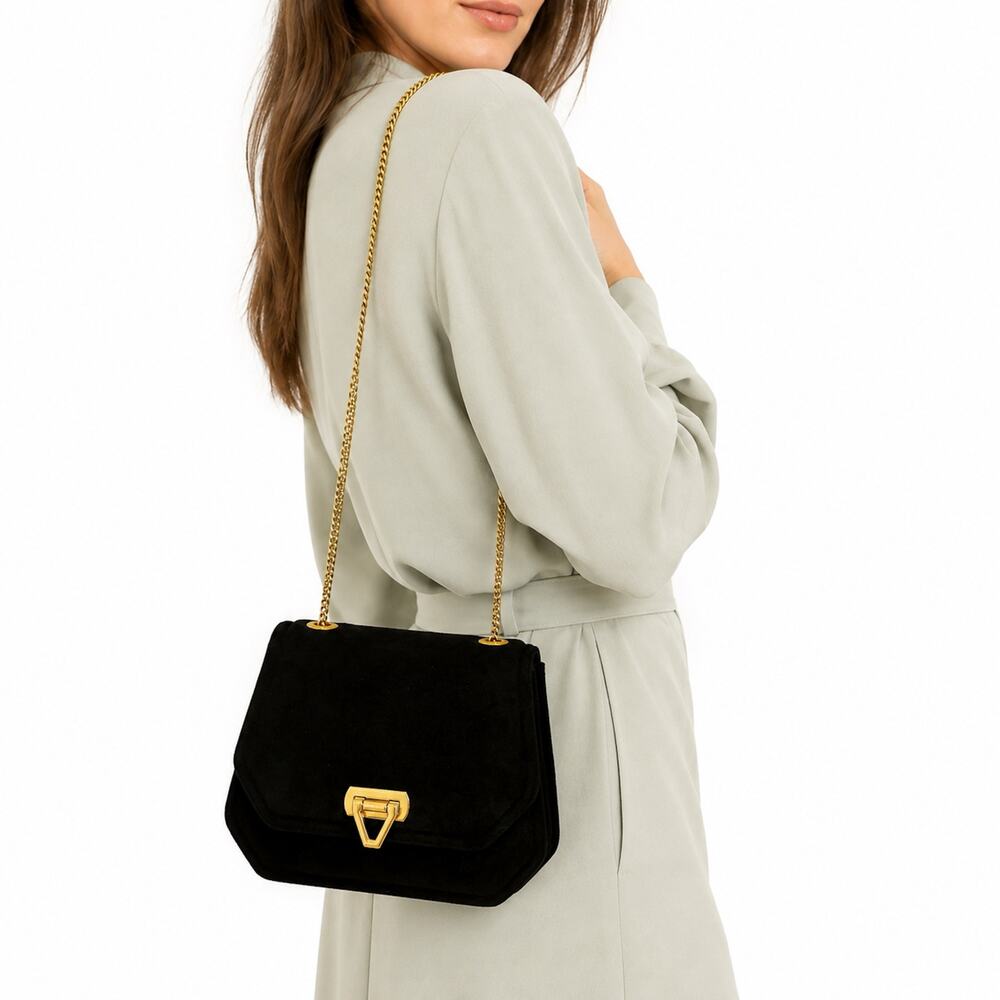 Vintage Frenchy of California Black Kid Suede Gold Chain Shoulder Bag USA